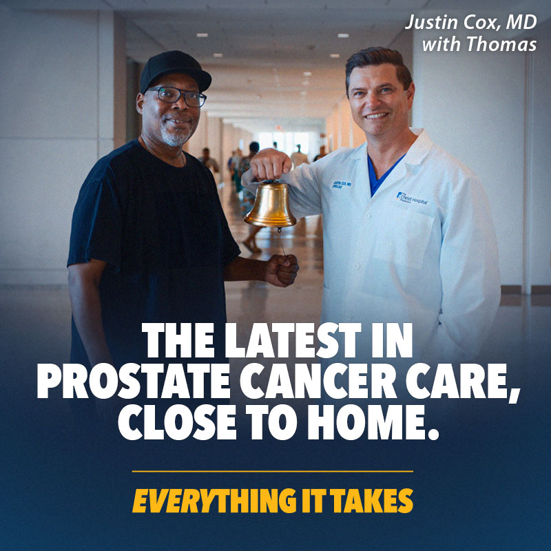 Banner image featuring Dr. Justin Cox with a patient ringing a bell with the text, "The latest in prostate cancer care, close to home. Everything it takes."