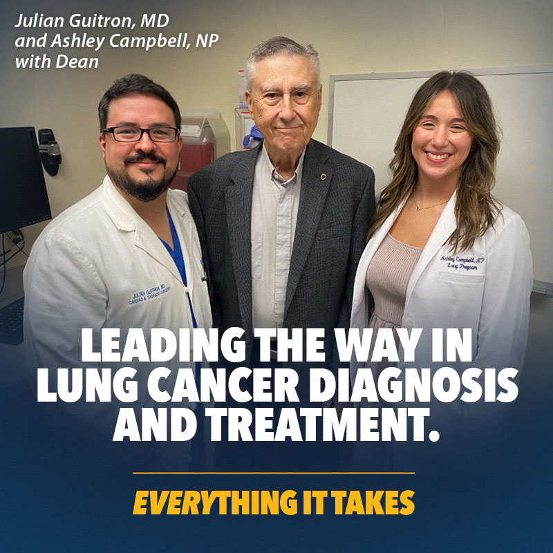 Banner image featuring Dr. Guitron and Ashley Campbell, NP with patient Dean and the text, "Leading the way in lung cancer diagnosis and treatment. Everything it takes."