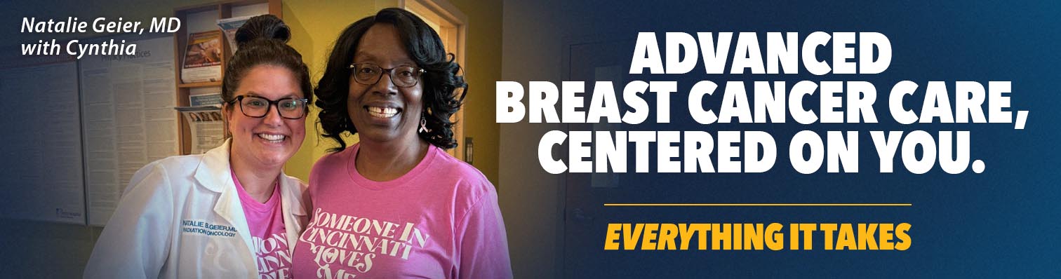 Banner image featuring Dr. Natalie Geier with a patient named Cynthia, and the text reads "advanced breast cancer care, centered on you. everything it takes"
