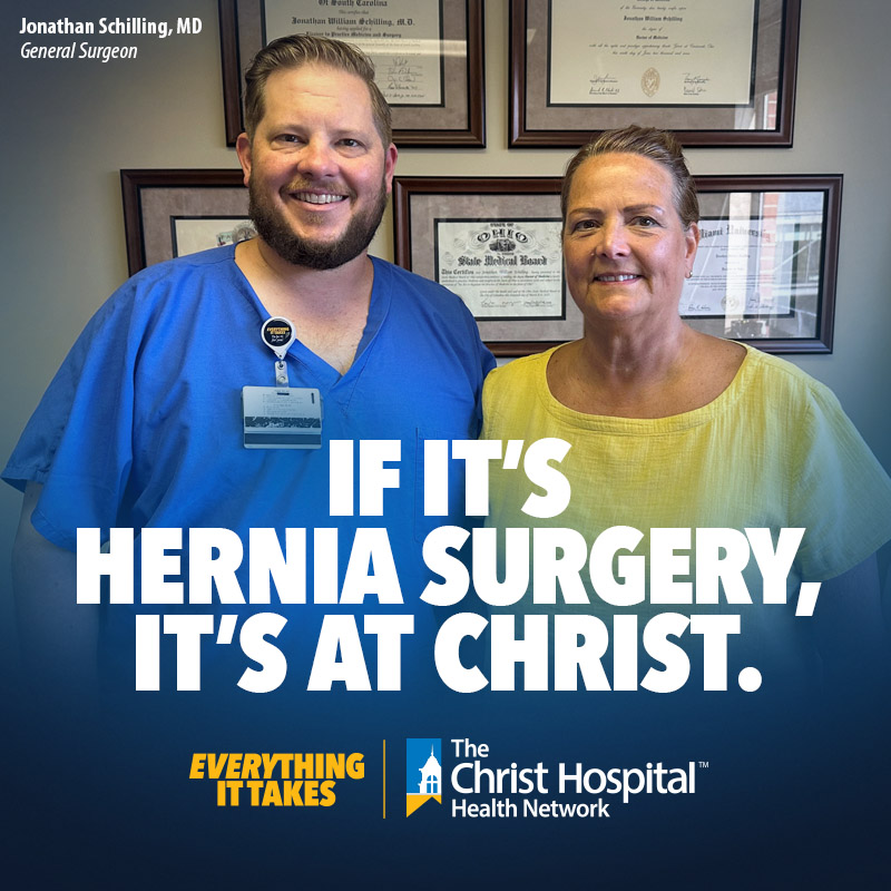 Banner with text, "If it's hernia surgery, it's at Christ. Everything it takes."