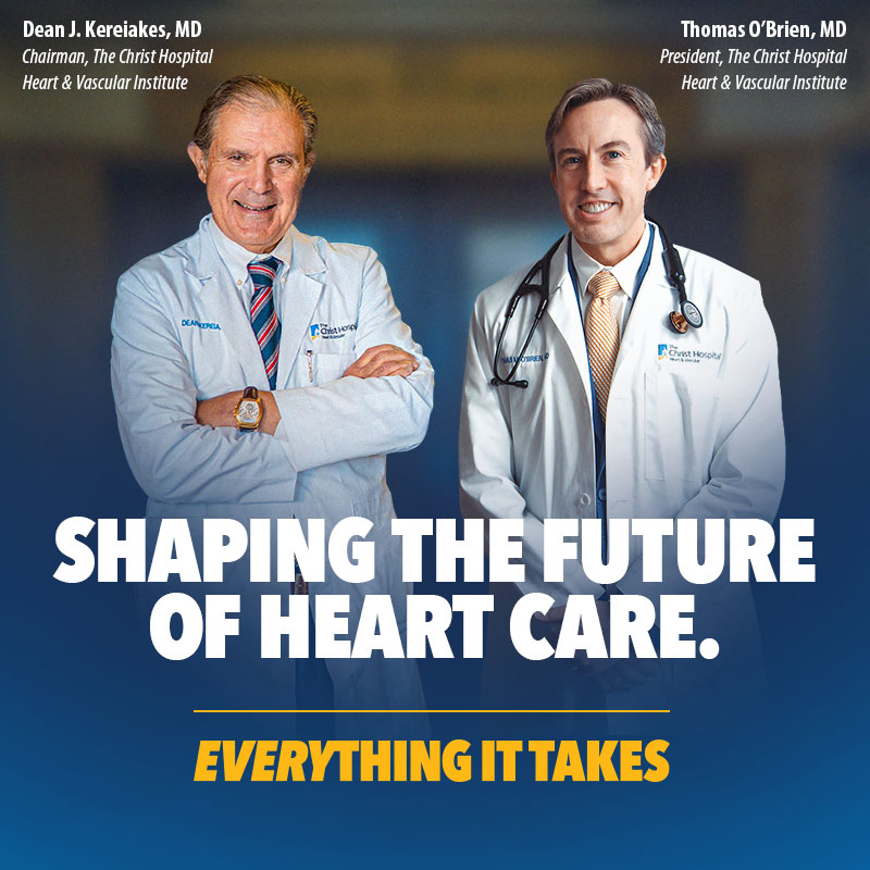 Doctors posing with the text, "shaping the future of heart care. Everything it takes"