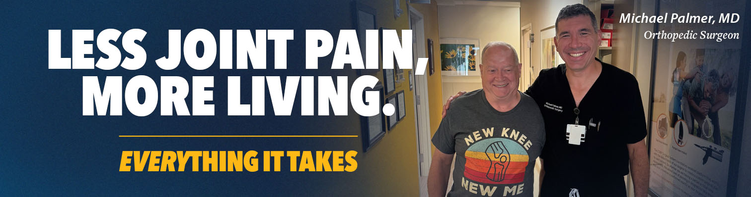 Header image featuring Dr. Palmer with a patient and the text, "Less joint pain, more living. Everything it takes"