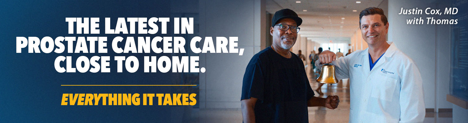 Banner image featuring Dr. Justin Cox with a patient ringing a bell with the text, "The latest in prostate cancer care, close to home. Everything it takes."