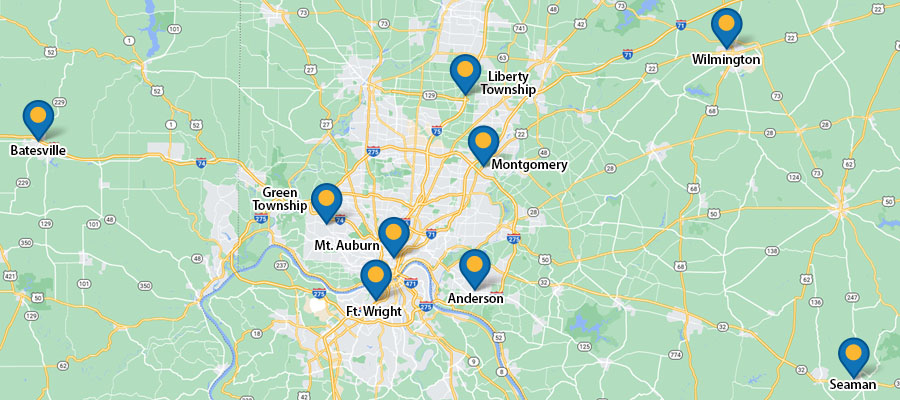 Christ Hospital Heart and Vascular Location map with pins on Batesville, Green Township, Fort Wright, Mt. Auburn, Liberty Township, Montgomery, Anderson, Wilmington, and Seaman