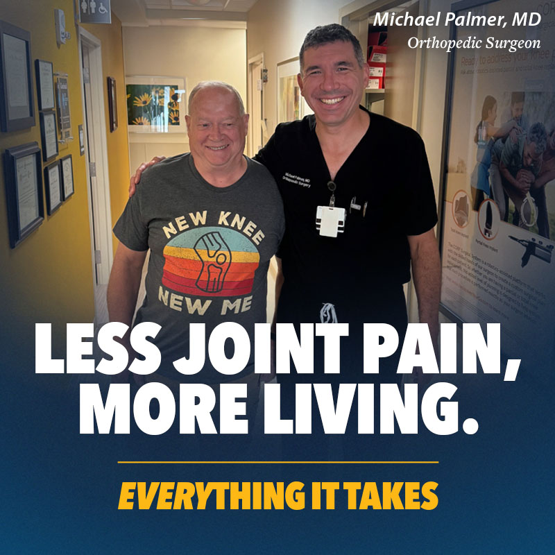 Header image featuring Dr. Palmer with a patient and the text, "Less joint pain, more living. Everything it takes"