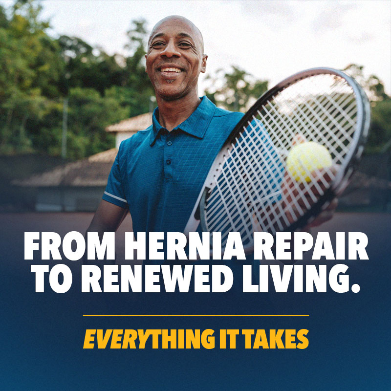 Header image featuring a person playing tennis with the text, "From hernia repair to renewed living. everything it takes"