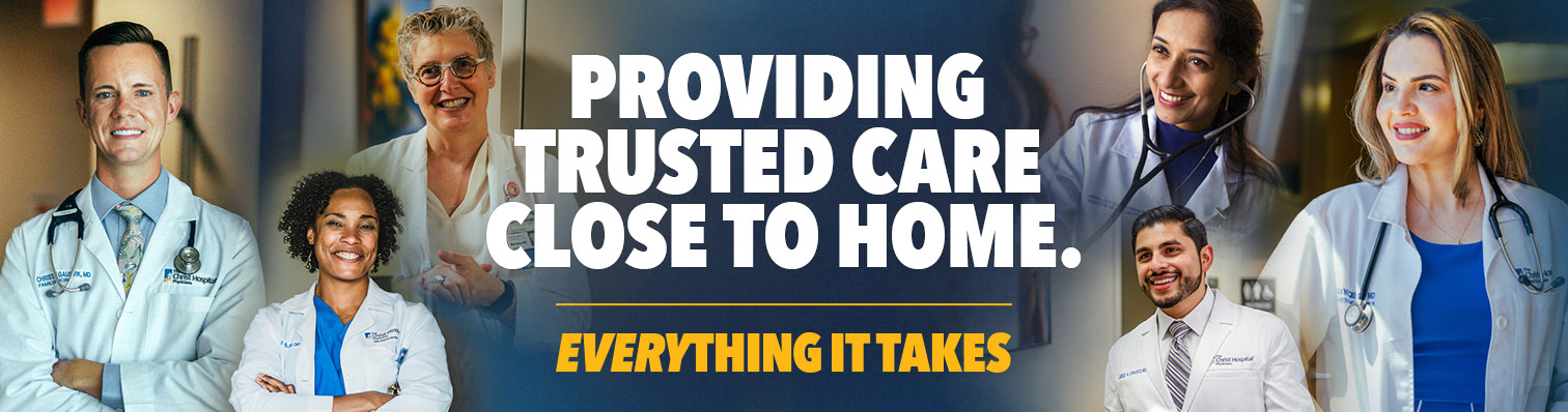 Header image featuring doctors and the text, "providing trusted care close to home. everything it takes"