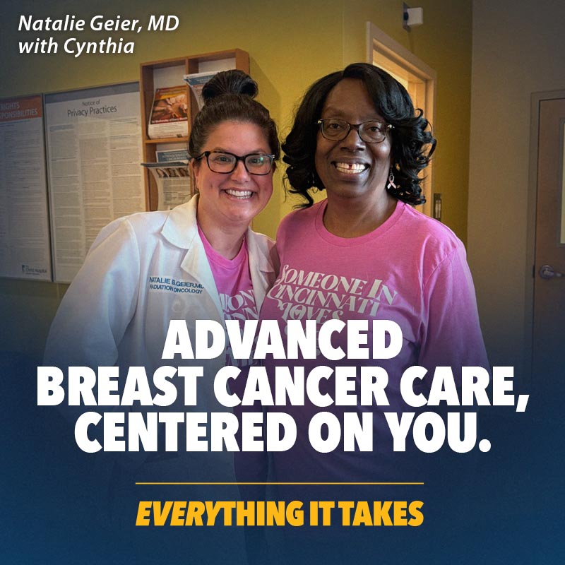 Banner image featuring Dr. Natalie Geier with a patient named Cynthia, and the text reads "advanced breast cancer care, centered on you. everything it takes"
