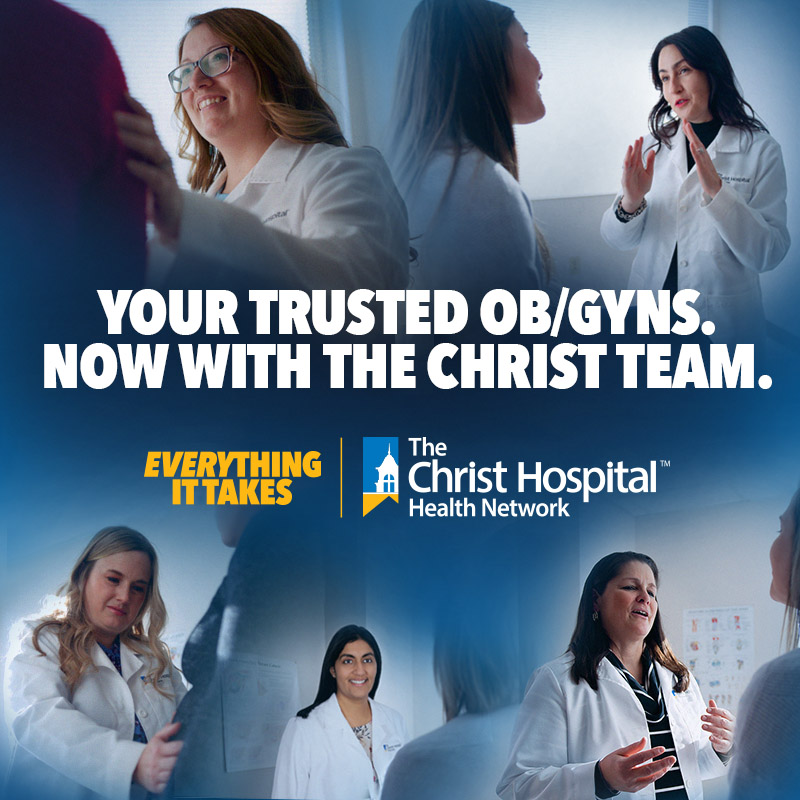 Collage of providers with text, "Your trusted OB/GYNs. Now with the Christ team."