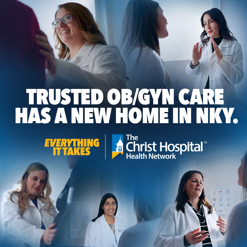 Collage of providers with text, "Your trusted OB/GYNs. Now with the Christ team."