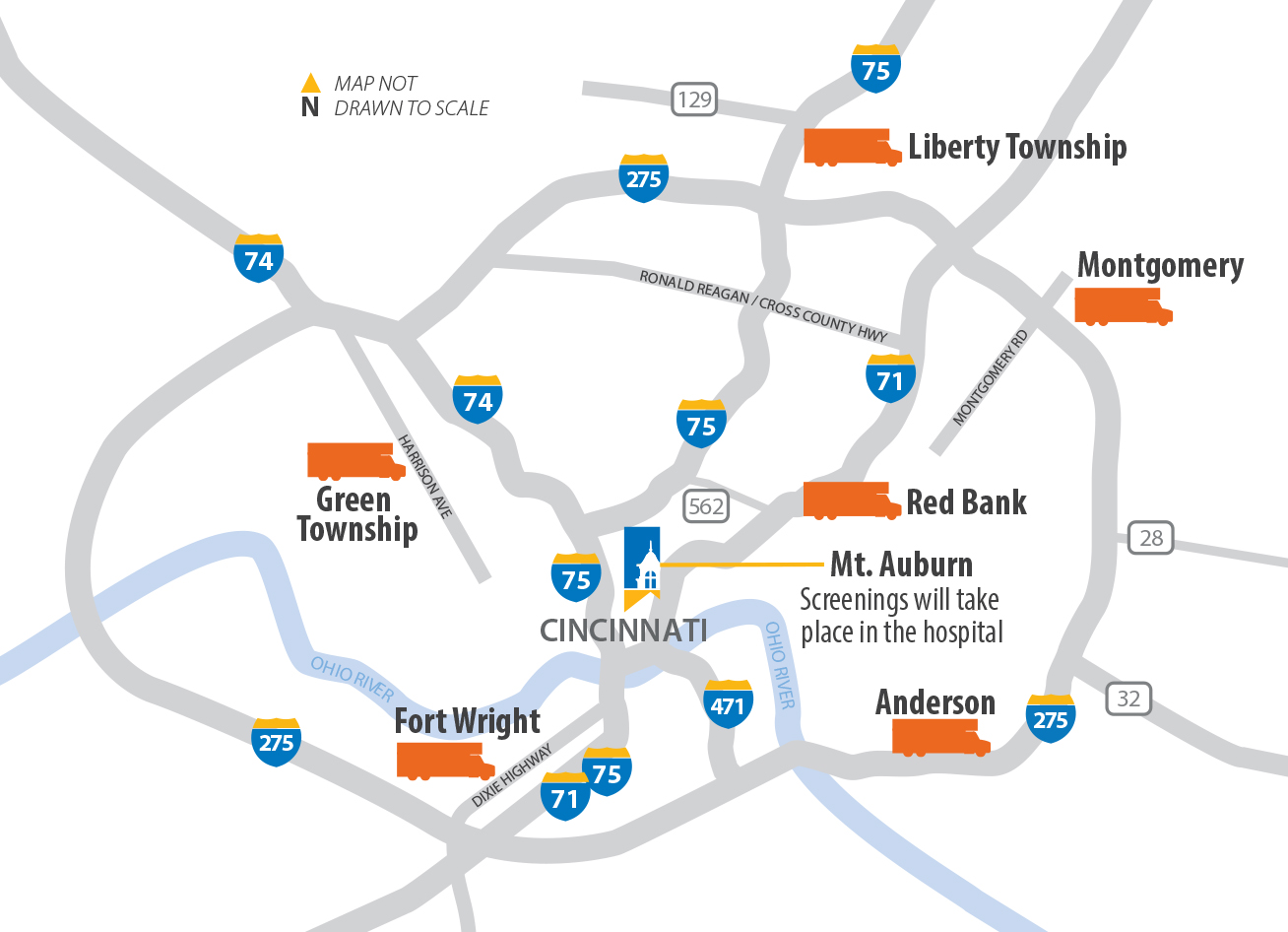 Map of locations where the Mobile Heart Health Unit screening locations