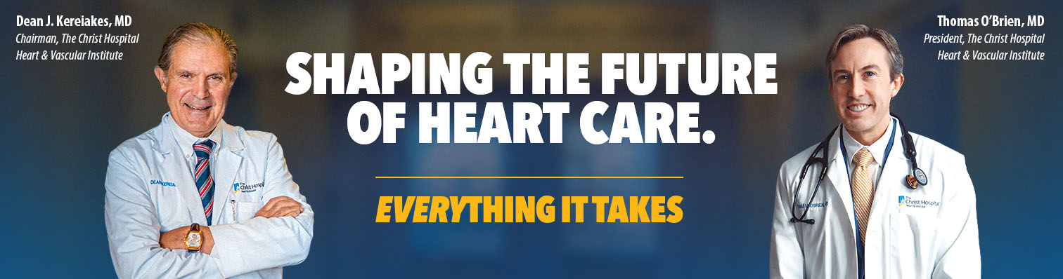 Doctors posing with the text, "shaping the future of heart care. Everything it takes"